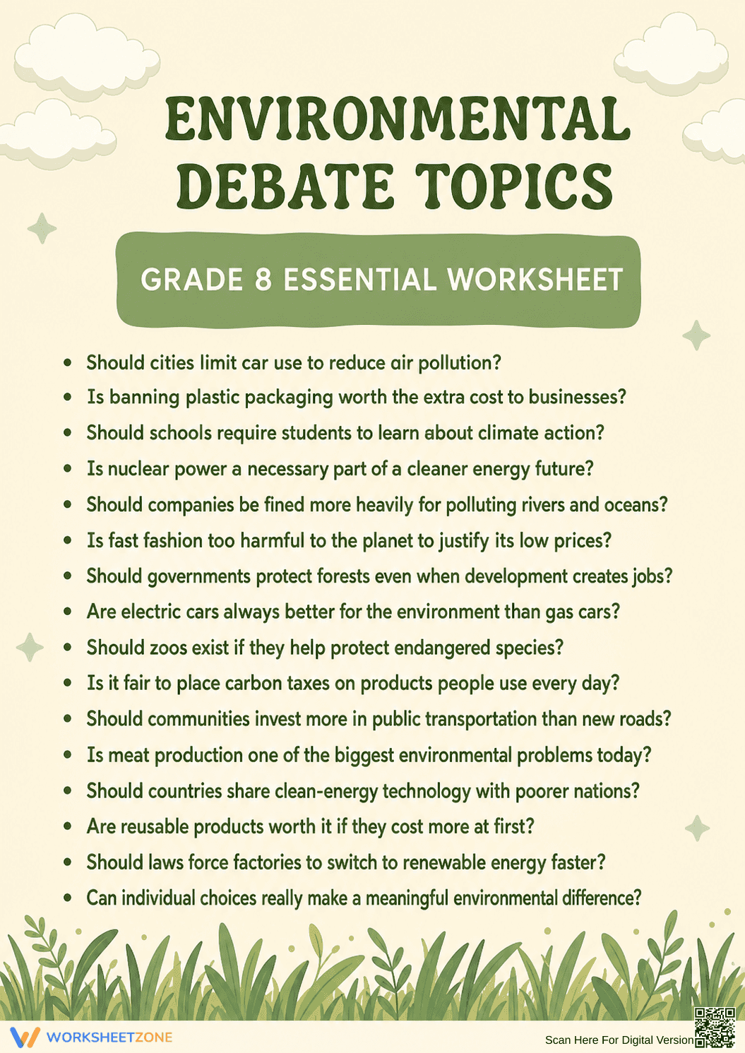 Grade 8 Environmental Debate Topics — Printable Worksheet - Page 1