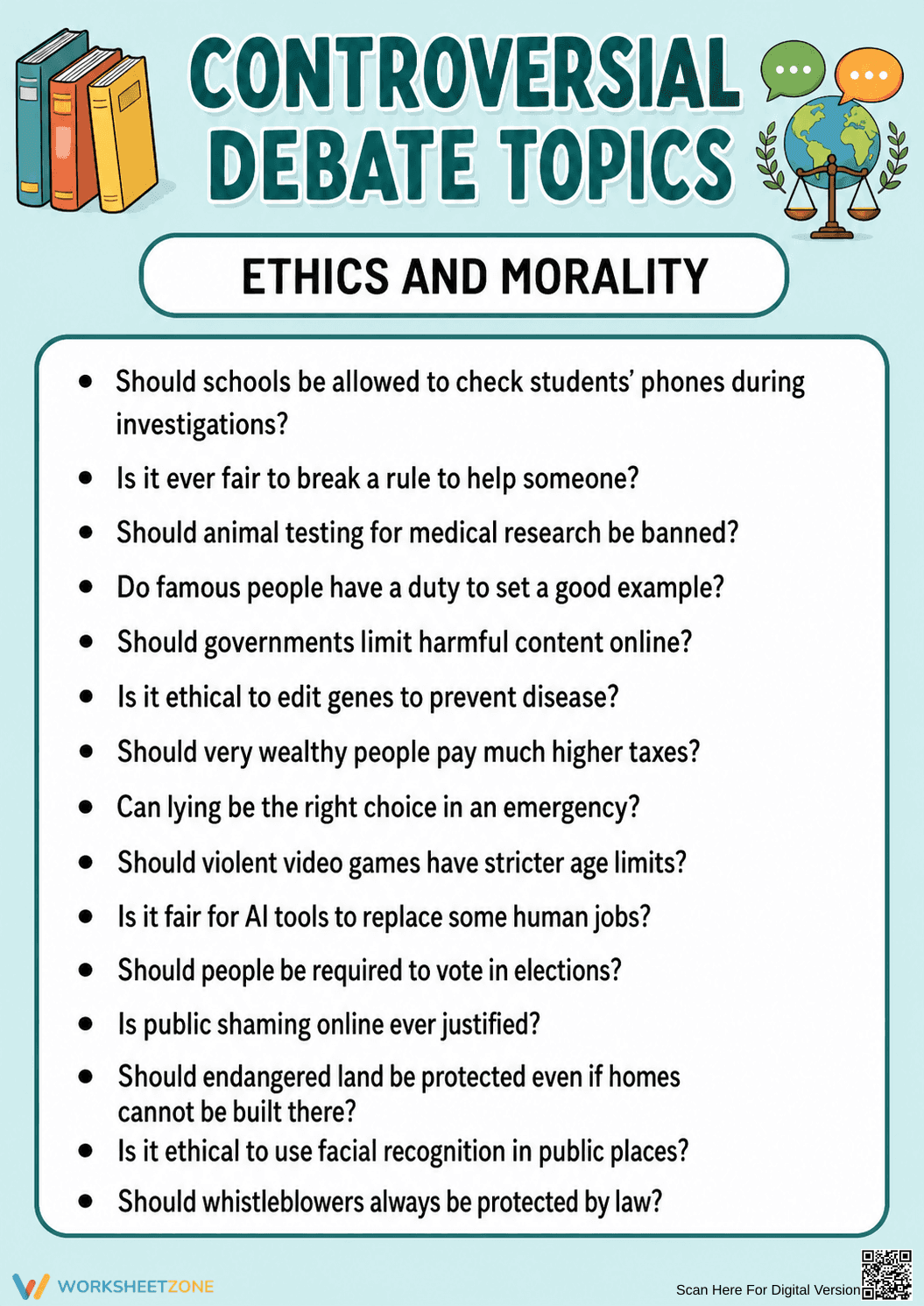 Grade 7 Ethics Debate Topics — Printable No-Prep Worksheet - Page 1