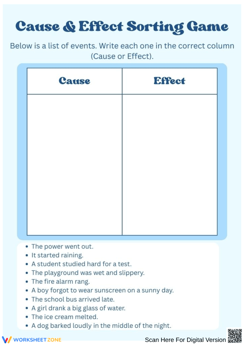 Cause and Effect Sorting Game Worksheet for Kids - Page 1