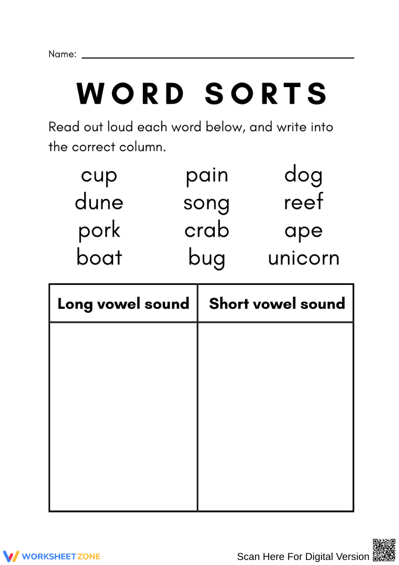Word Sorts Worksheet for Long and Short Vowels - Page 1