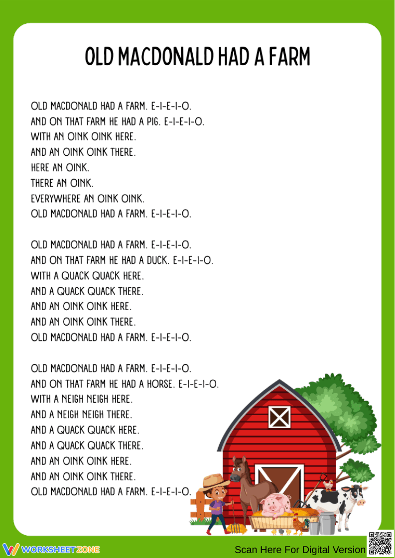 Old MacDonald Had a Farm Lyrics | Essential Grade K ELA - Page 1