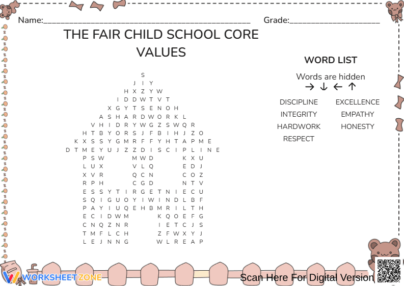 Core Values Word Search — Printable Grade 3 ELA - Page 1