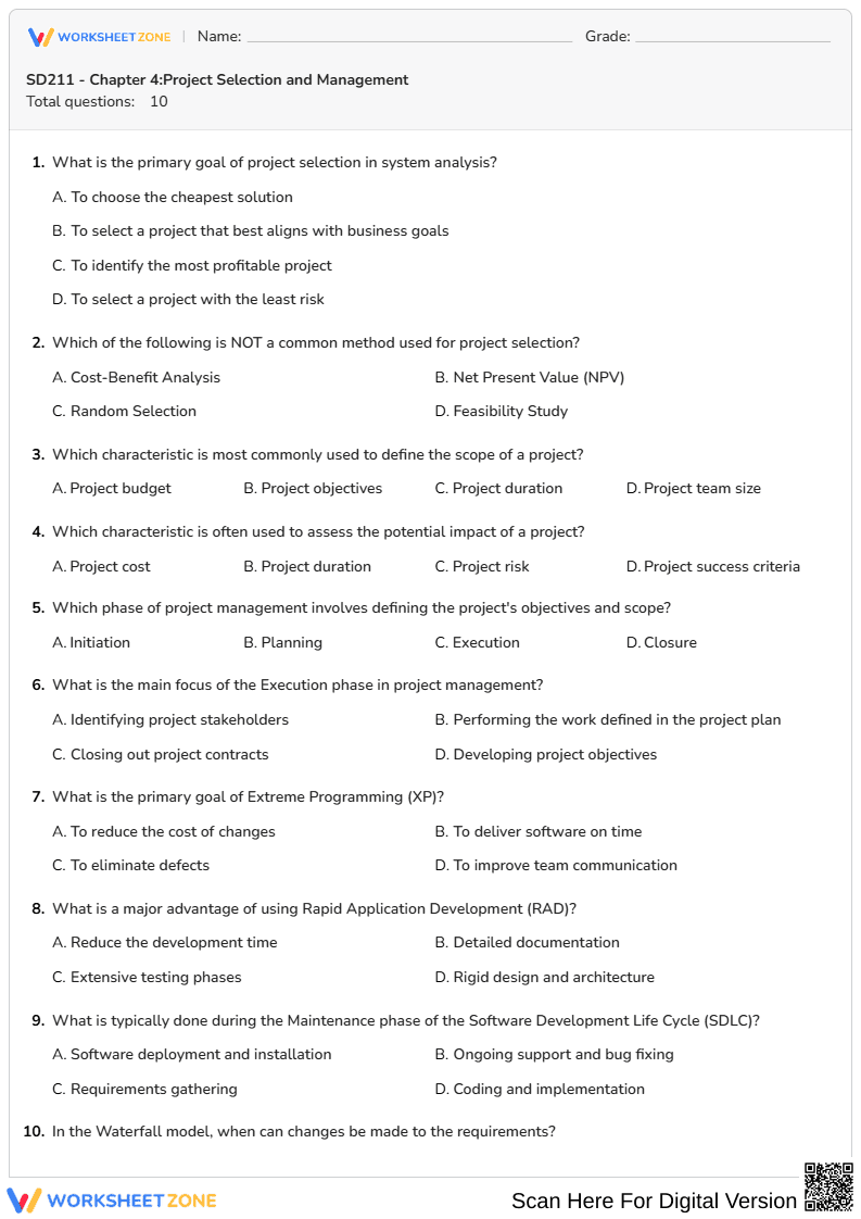 Project Selection & Management Quiz | College Ready - Page 1