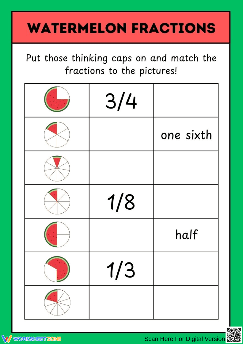 Watermelon Fraction Match Worksheet - Page 1