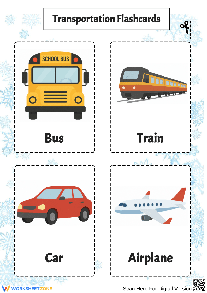 Transportation Flashcards for Kids – Bus, Train, Car, Airplane - Page 1