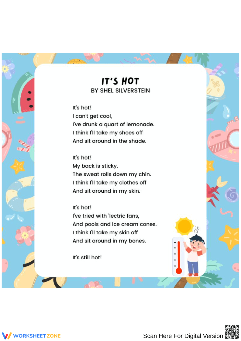It’s Hot by Shel Silverstein – Funny Summer Poem Worksheet - Page 1