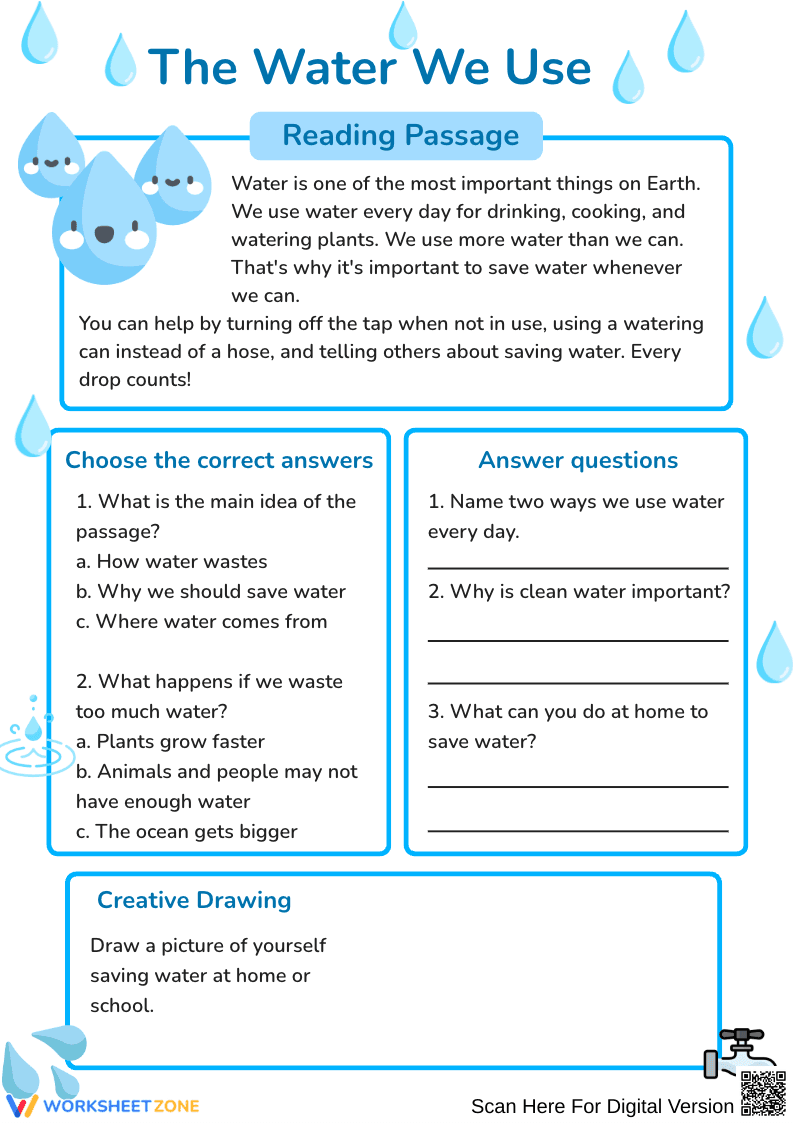 Water Conservation Worksheet for Kids – Reading and Activity - Page 1