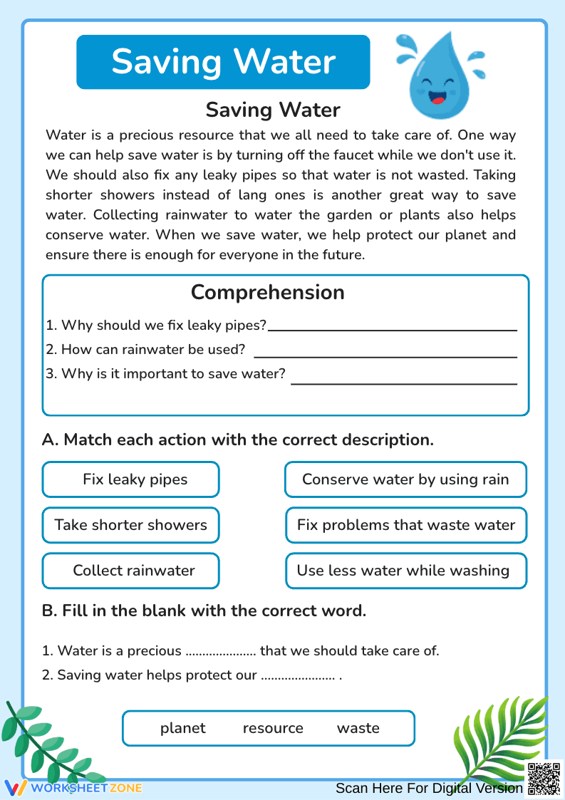 Saving Water Worksheet for Kids – Comprehension & Matching Activity - Page 1