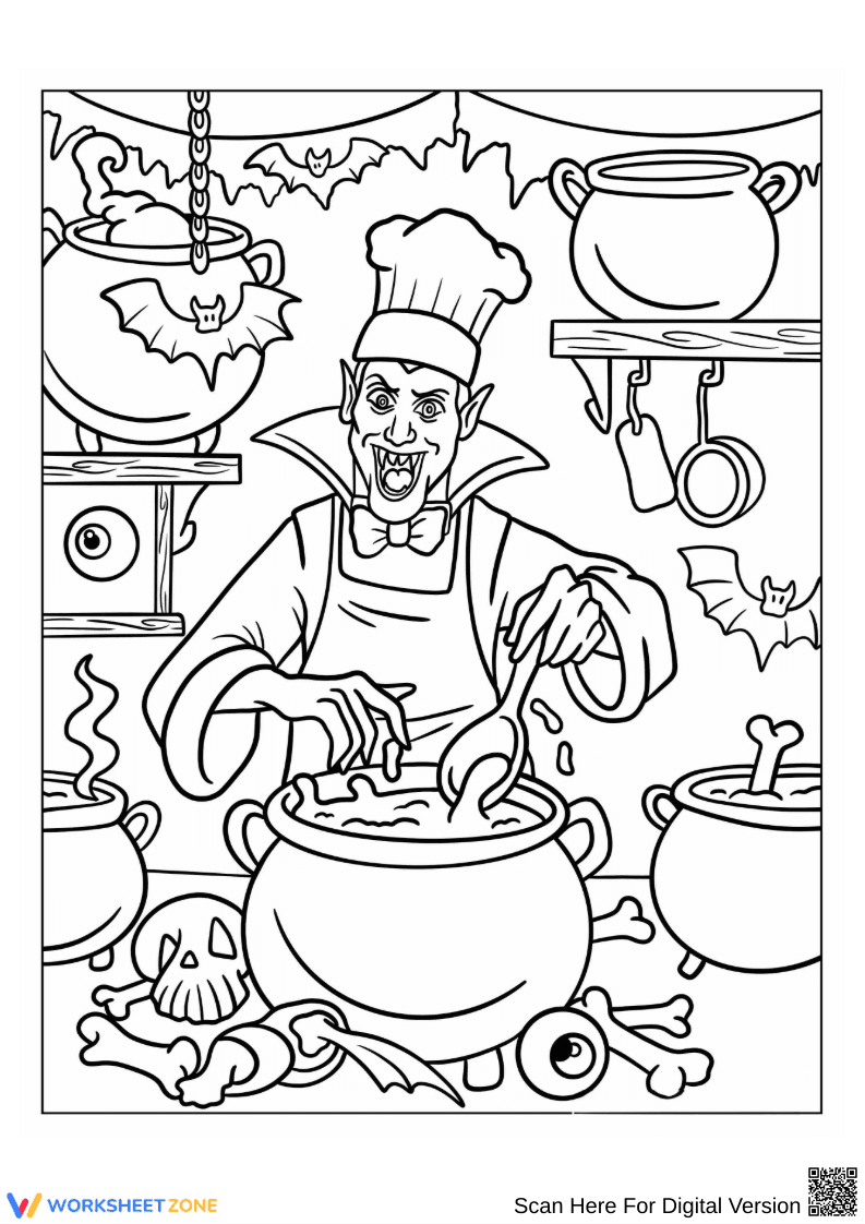 Vampire Chef Coloring Page – Haunted Kitchen Halloween Printable - Page 1