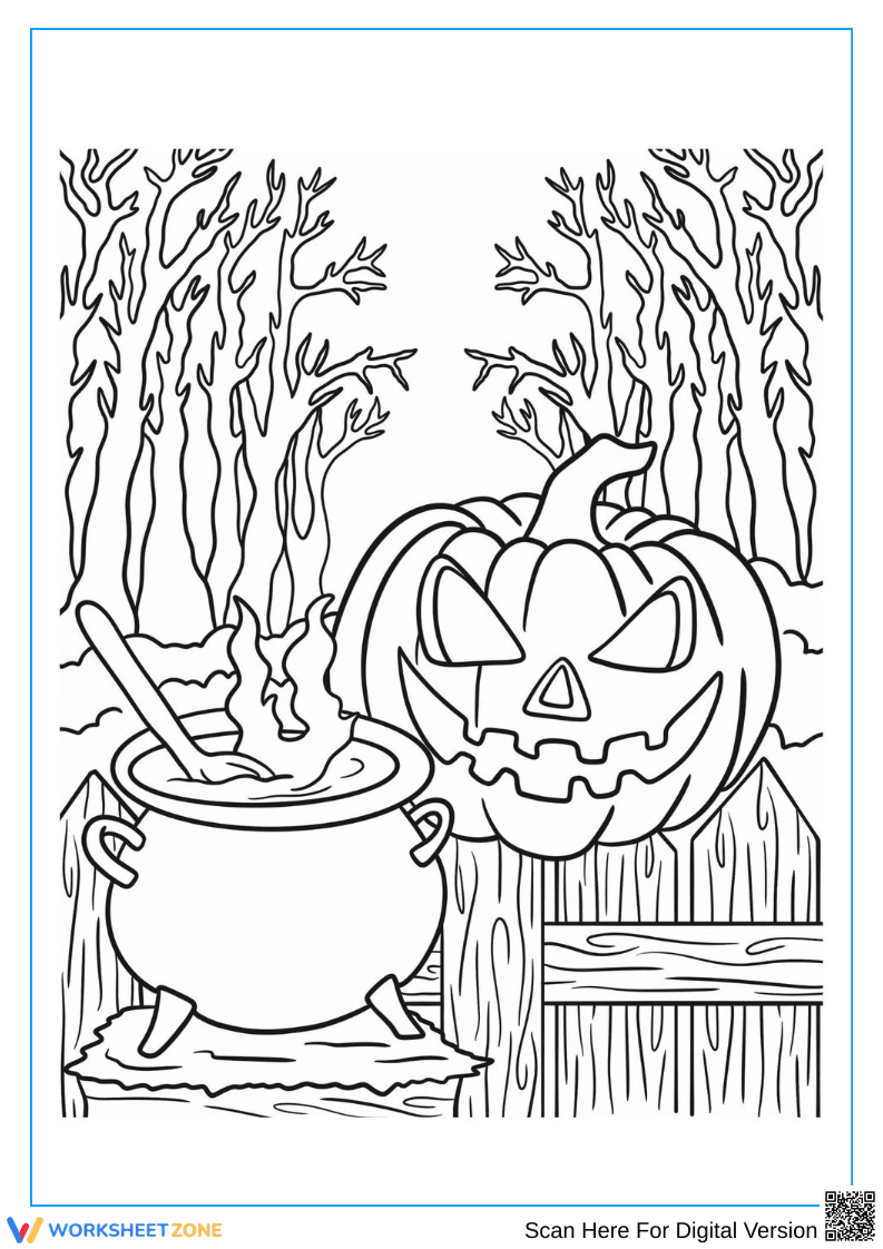 Witch’s Cauldron and Jack-o’-Lantern Halloween Coloring Page - Page 1