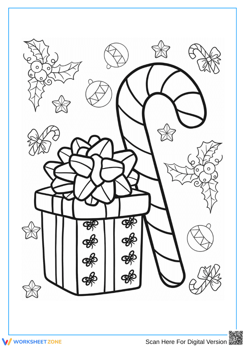 Gift Box and Candy Cane – Christmas Coloring Page - Page 1