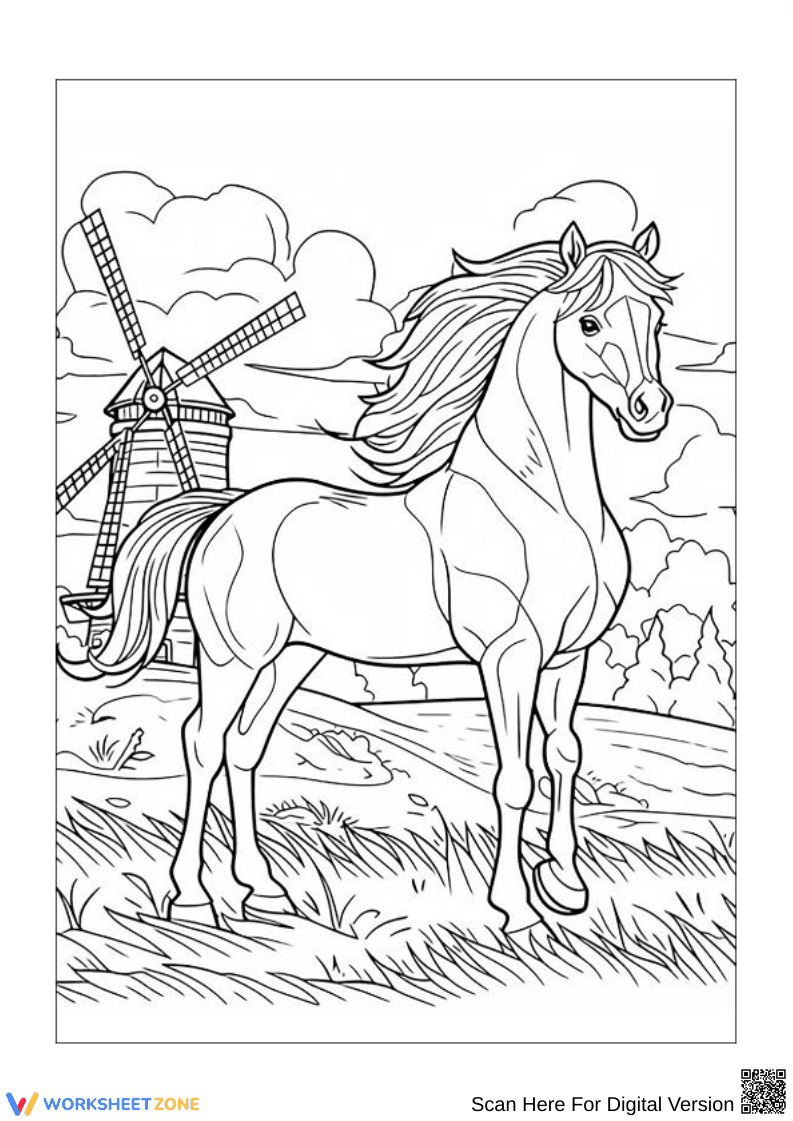 Graceful Horse Coloring Page with Windmill Background - Page 1