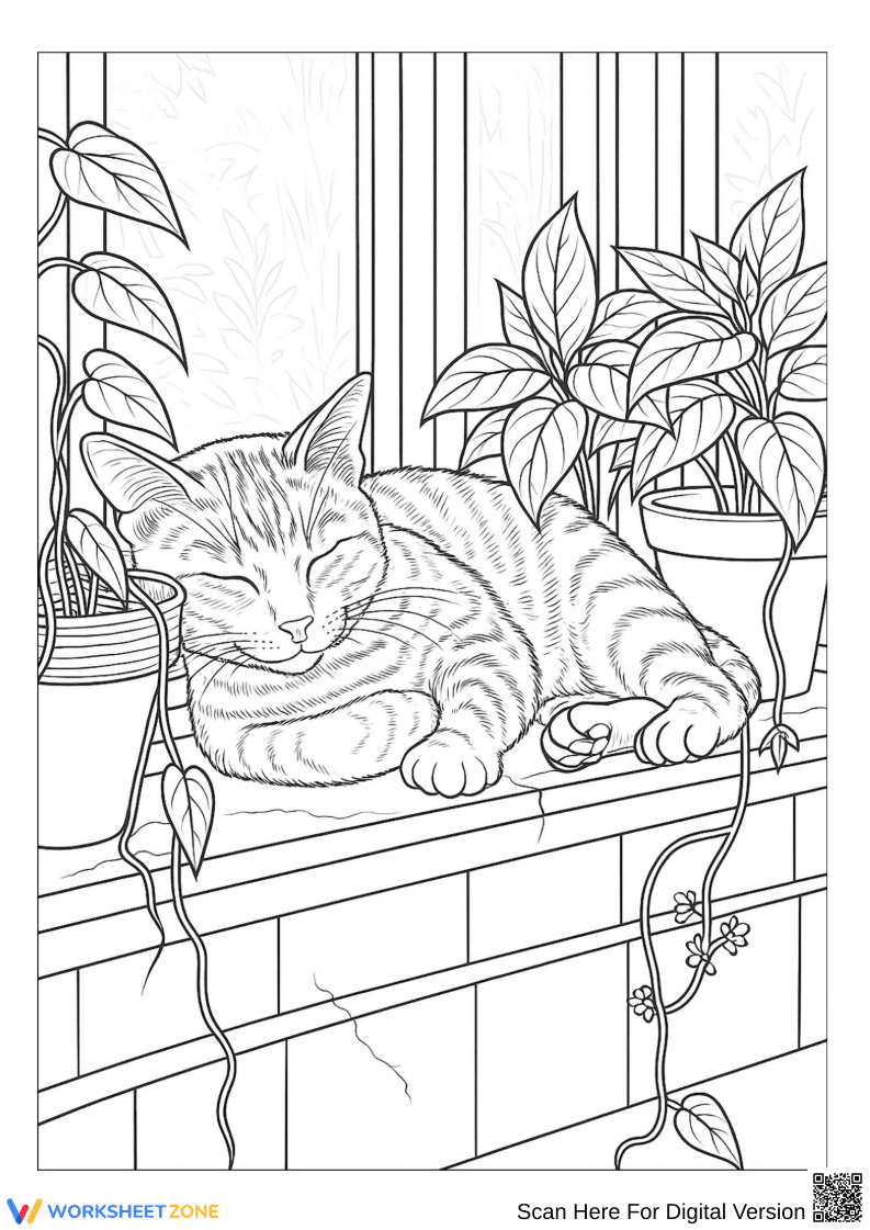 Sleeping Cat on Windowsill – Adult Coloring Page - Page 1