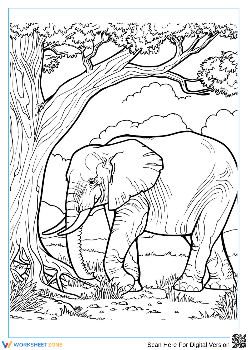Elephant Under Tree – Adult Wildlife Coloring Page - Page 1