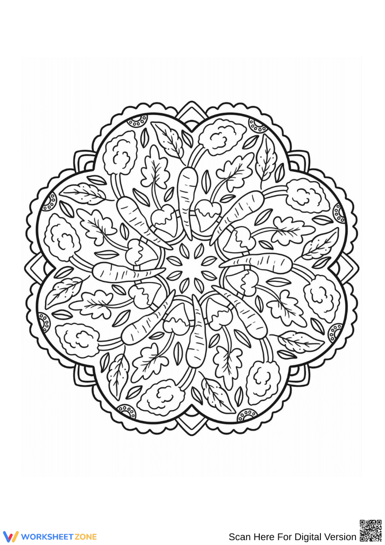 Fall Vegetable Mandala Coloring Page for Adults - Page 1