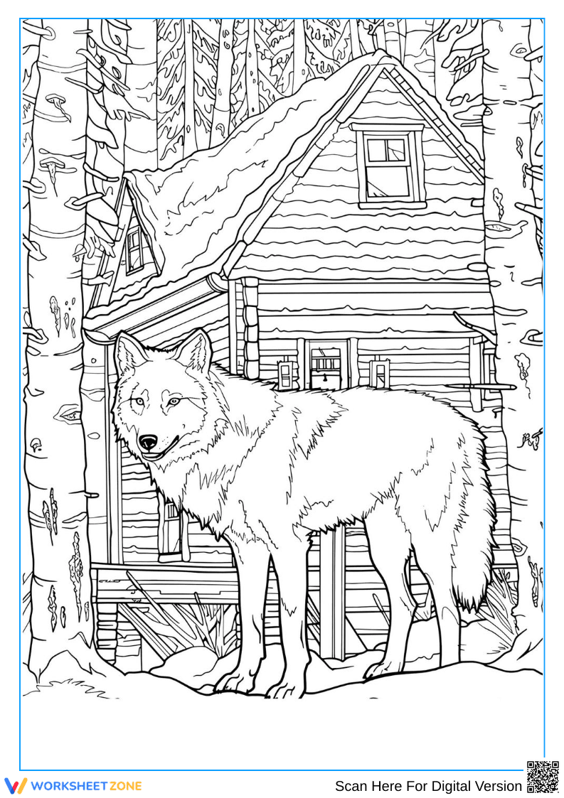 Wolf in Winter Forest Cabin Coloring Page for Adults - Page 1