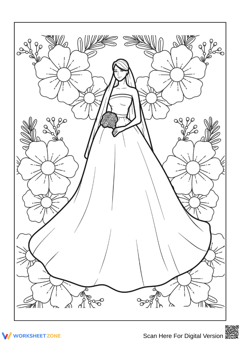 Bride with Flowers Coloring Page for Adults - Page 1