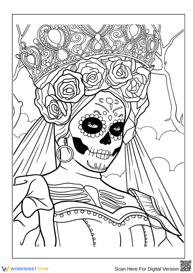 Day of the Dead Female Skeleton Coloring Page for Adults - Page 1