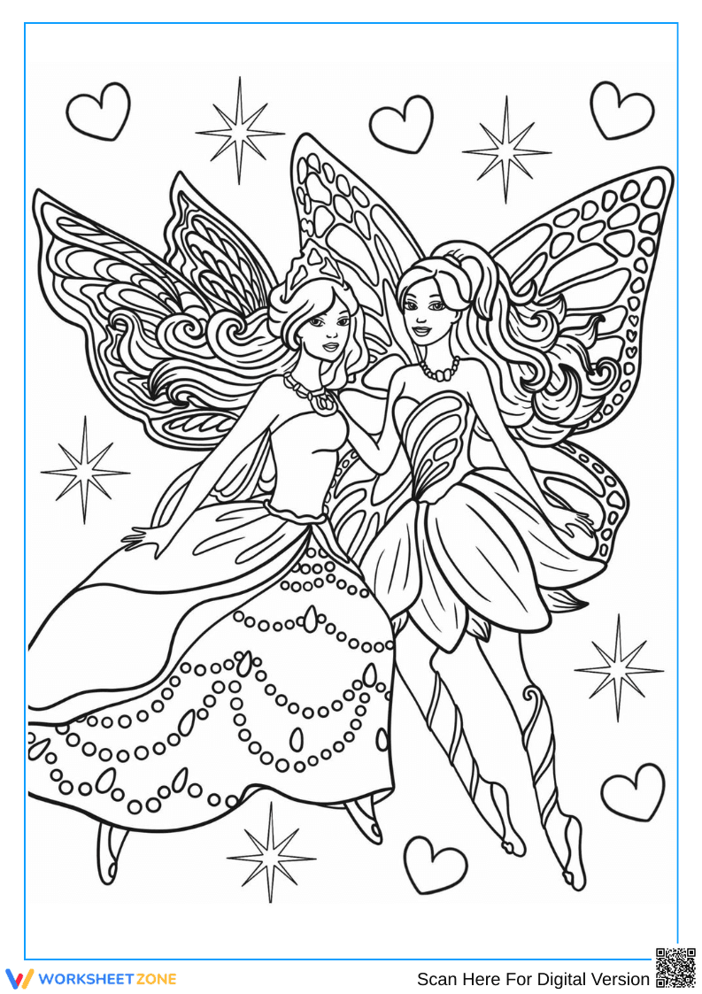 Fairy Princesses Coloring Page with Hearts and Stars - Page 1