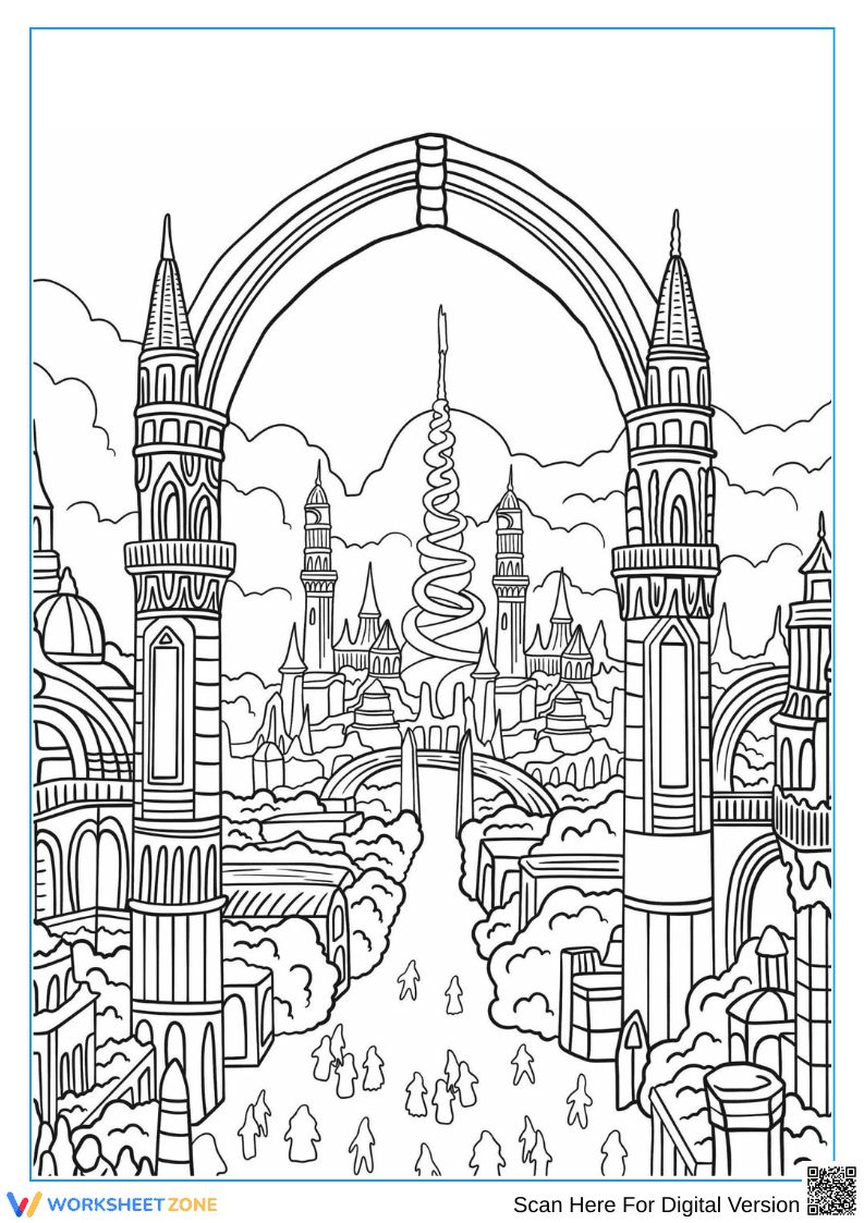Heavenly Fantasy City Coloring Page for Adults - Page 1