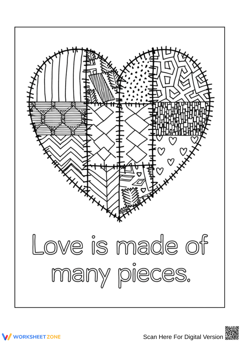 Patchwork Heart Coloring Page with Love Quote - Page 1