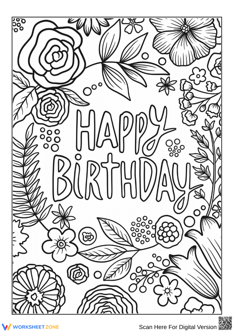 Floral Happy Birthday Adult Coloring Page - Page 1