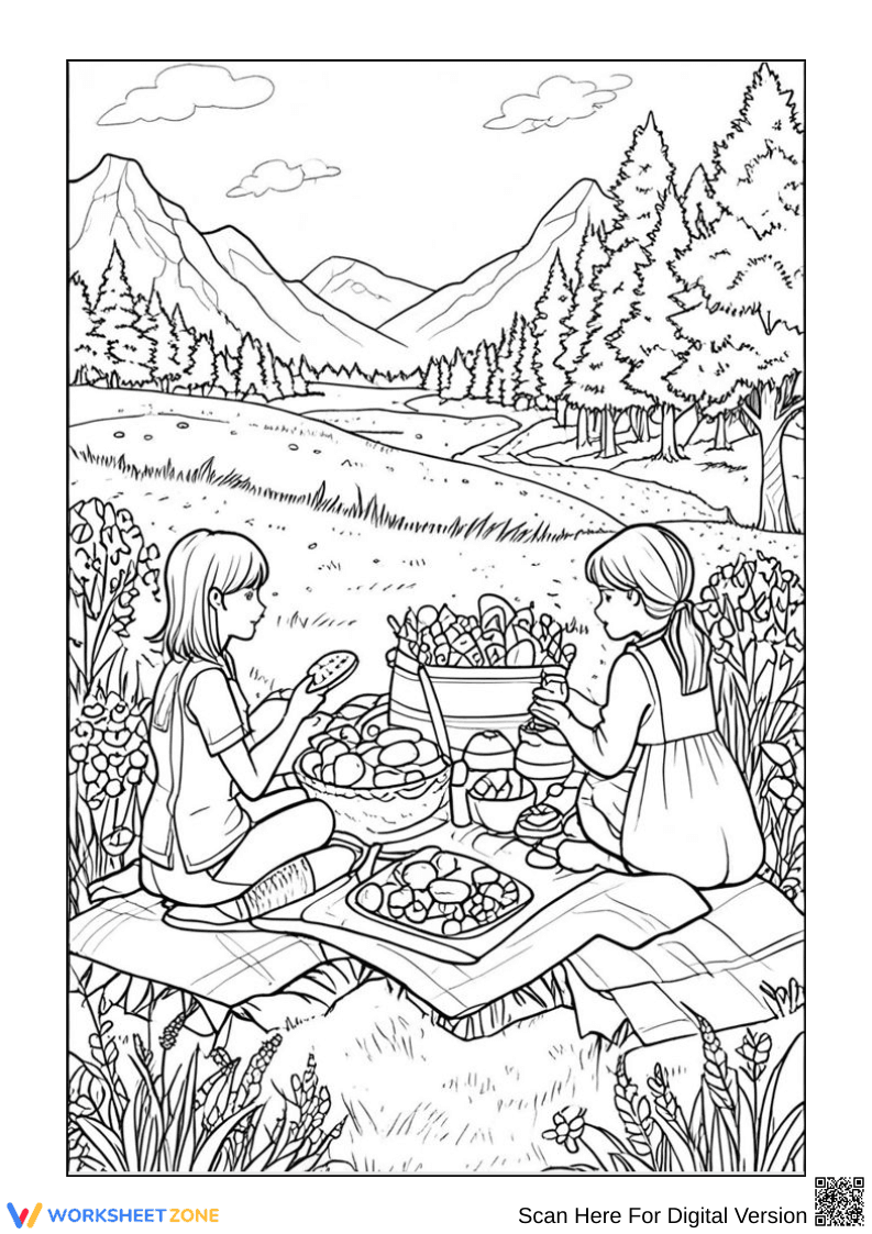 Peaceful Picnic Scene – Adult Stress Relief Coloring Page - Page 1