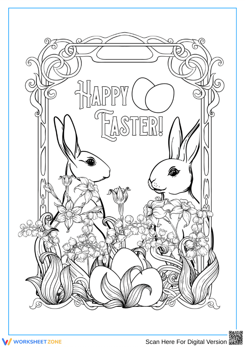 Easter Bunny Duo Coloring Page with Flowers & Eggs - Page 1