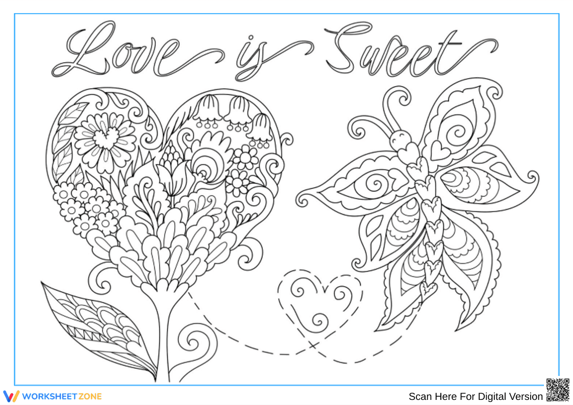 Love Is Sweet Butterfly & Floral Heart Coloring Page - Page 1