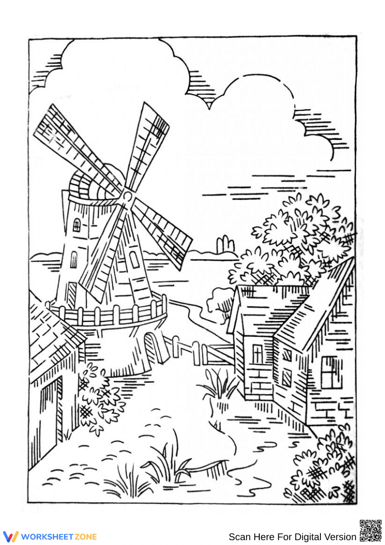 Vintage Windmill Countryside Coloring Page - Page 1