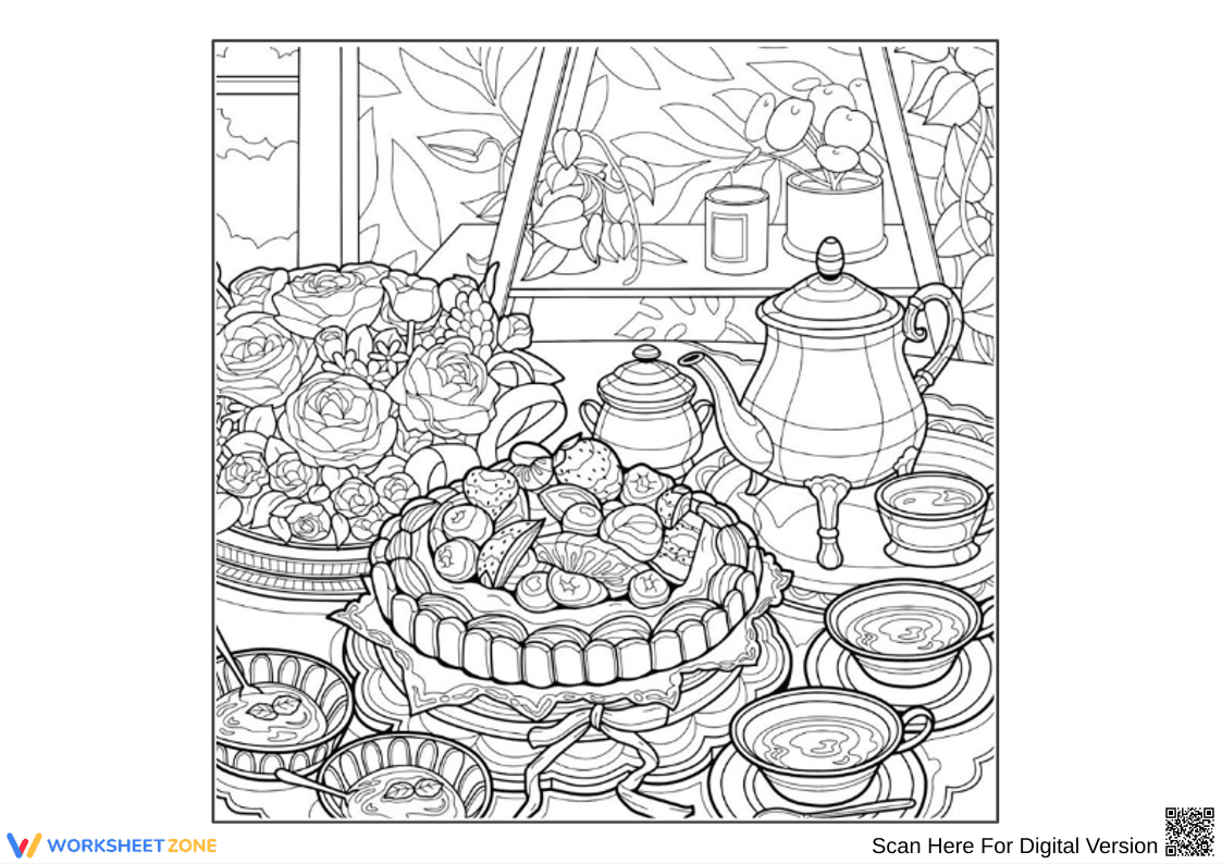 Afternoon Tea Coloring Page for Adults - Page 1