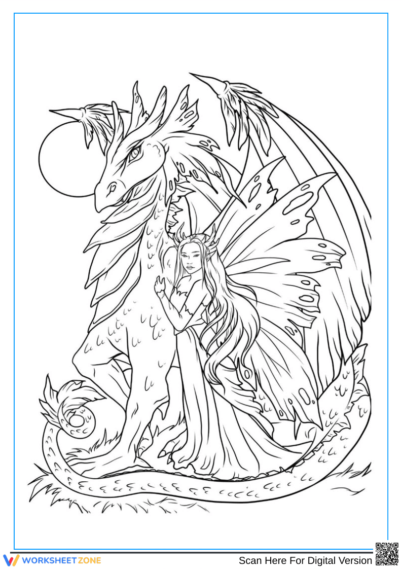 Mythical Dragon and Fairy Coloring Page for Adults - Page 1
