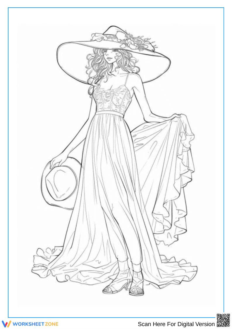 Elegant Woman in Long Dress and Sun Hat Coloring Page - Page 1
