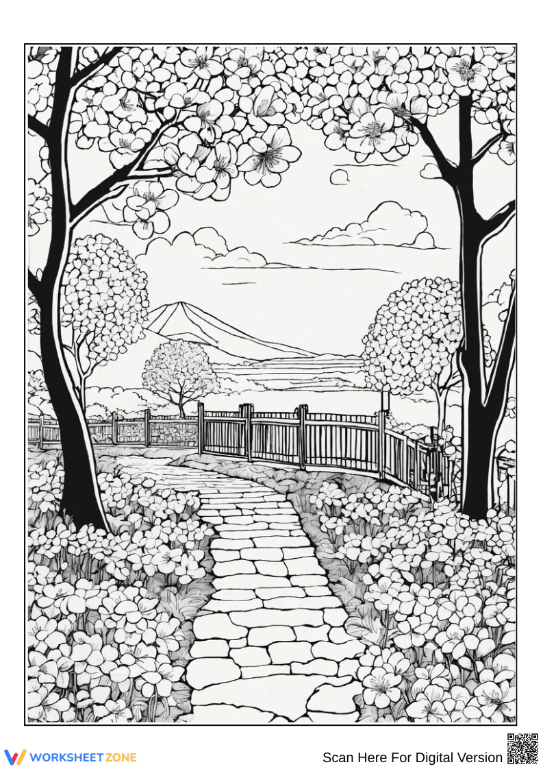 Scenic Garden Path Coloring Page for Adults - Page 1