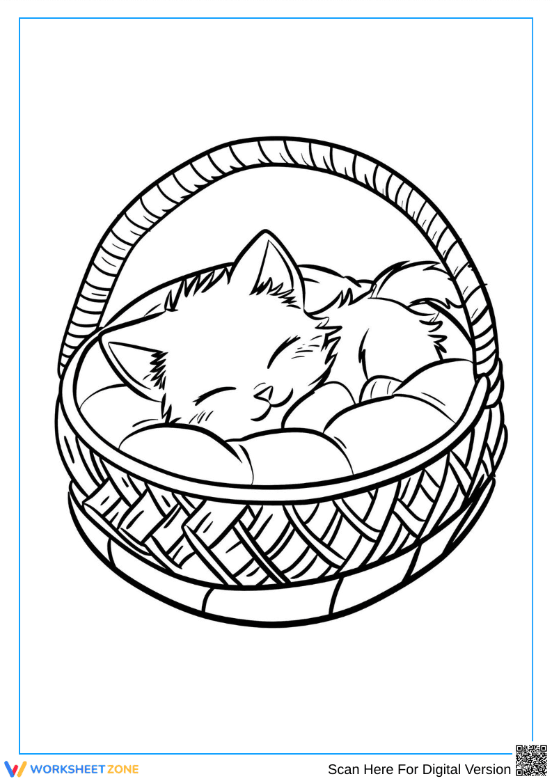 Sleeping Kitten in Basket Coloring Page - Page 1
