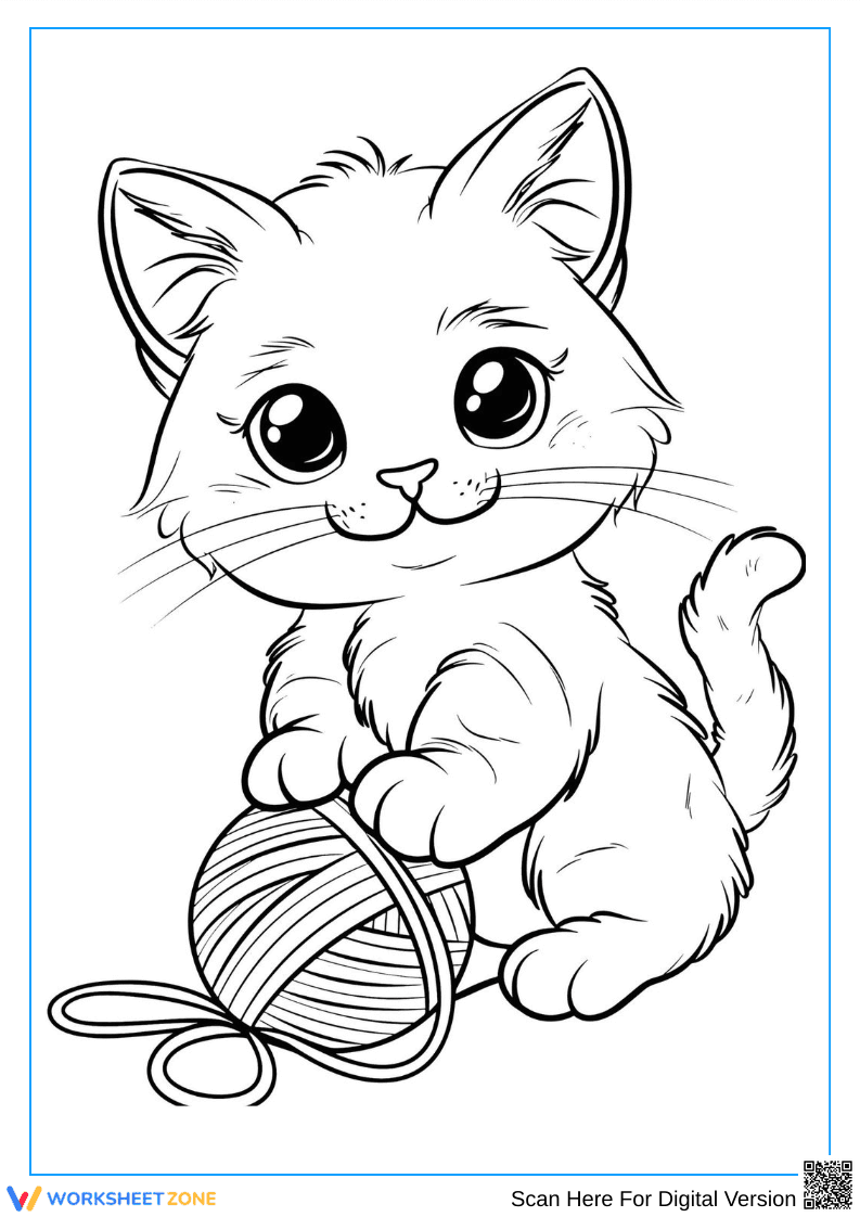 Cute Kitten Playing with Yarn Coloring Sheet - Page 1
