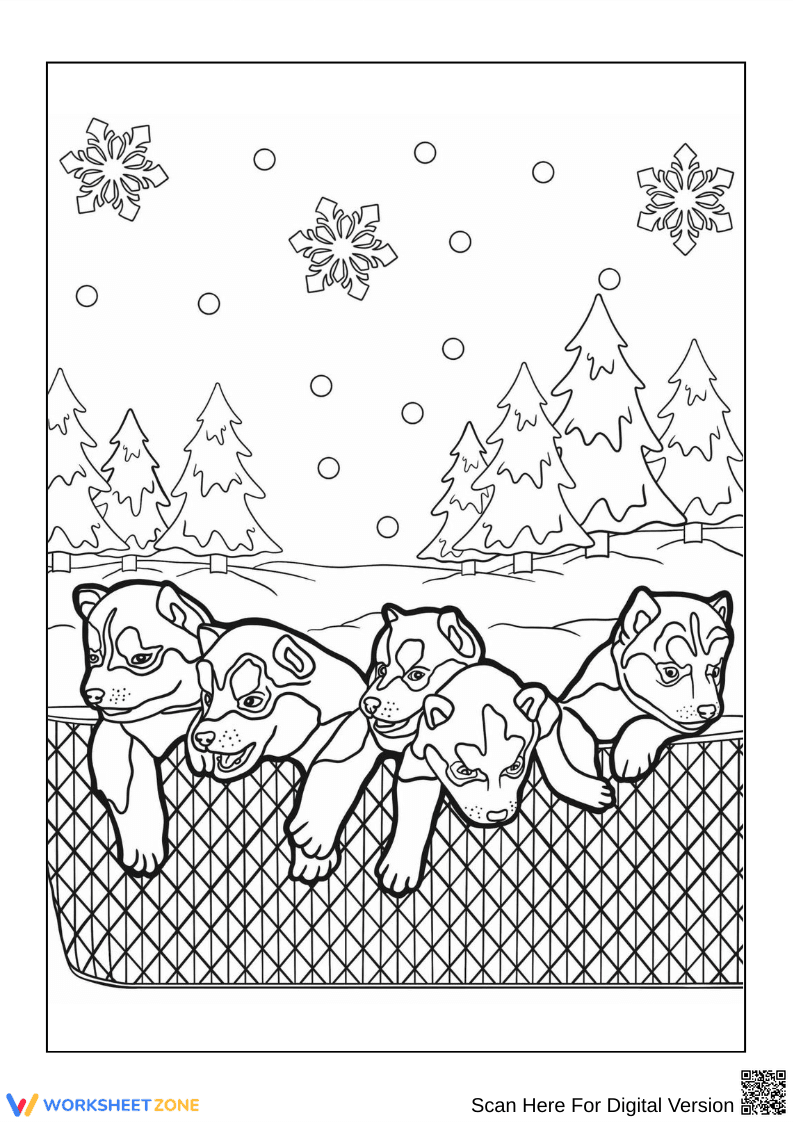 Husky Puppies in Snowy Basket Coloring Page - Page 1