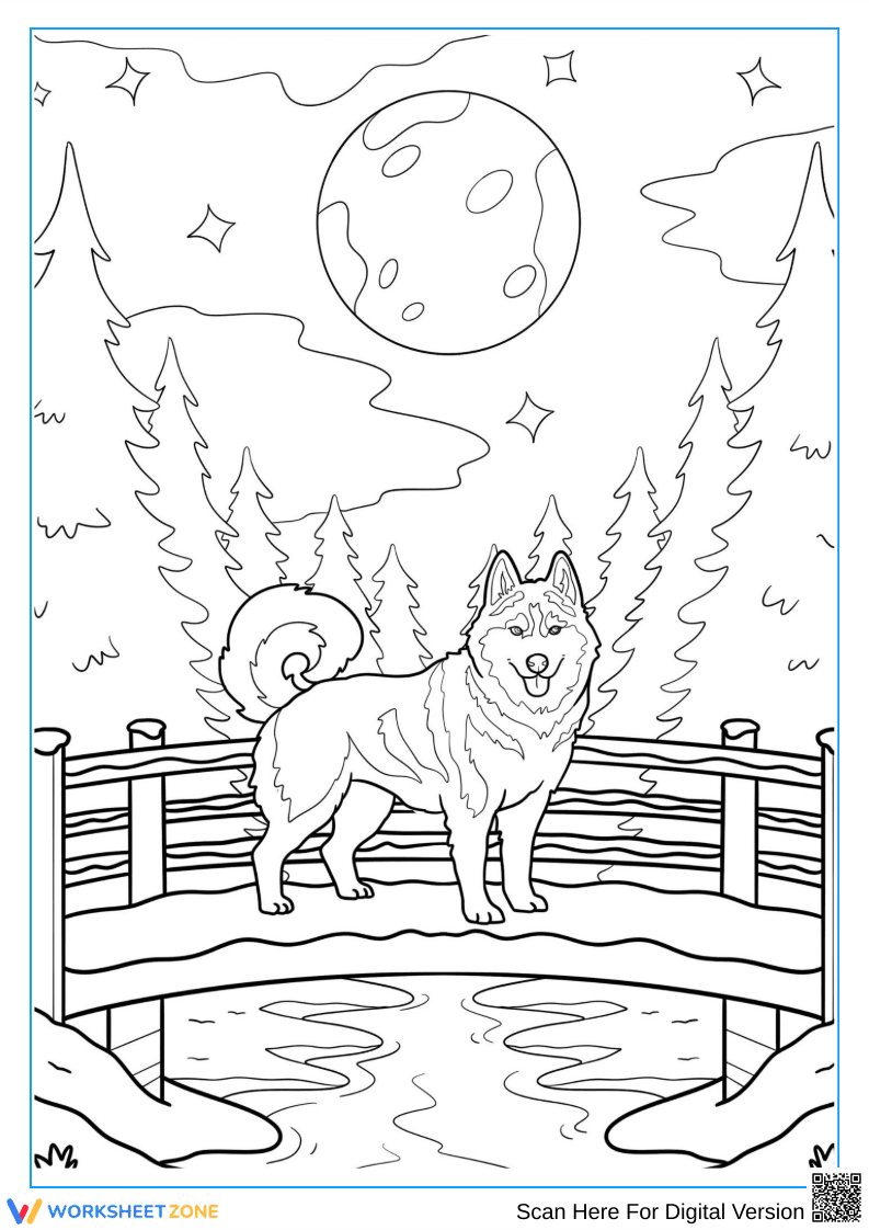Husky on a Bridge at Night Coloring Page - Page 1