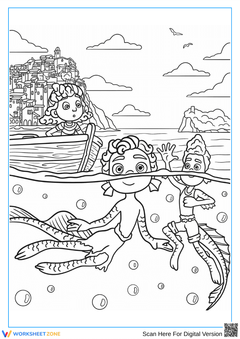 Luca Underwater Coloring Page – Sea Monster Friends Adventure - Page 1