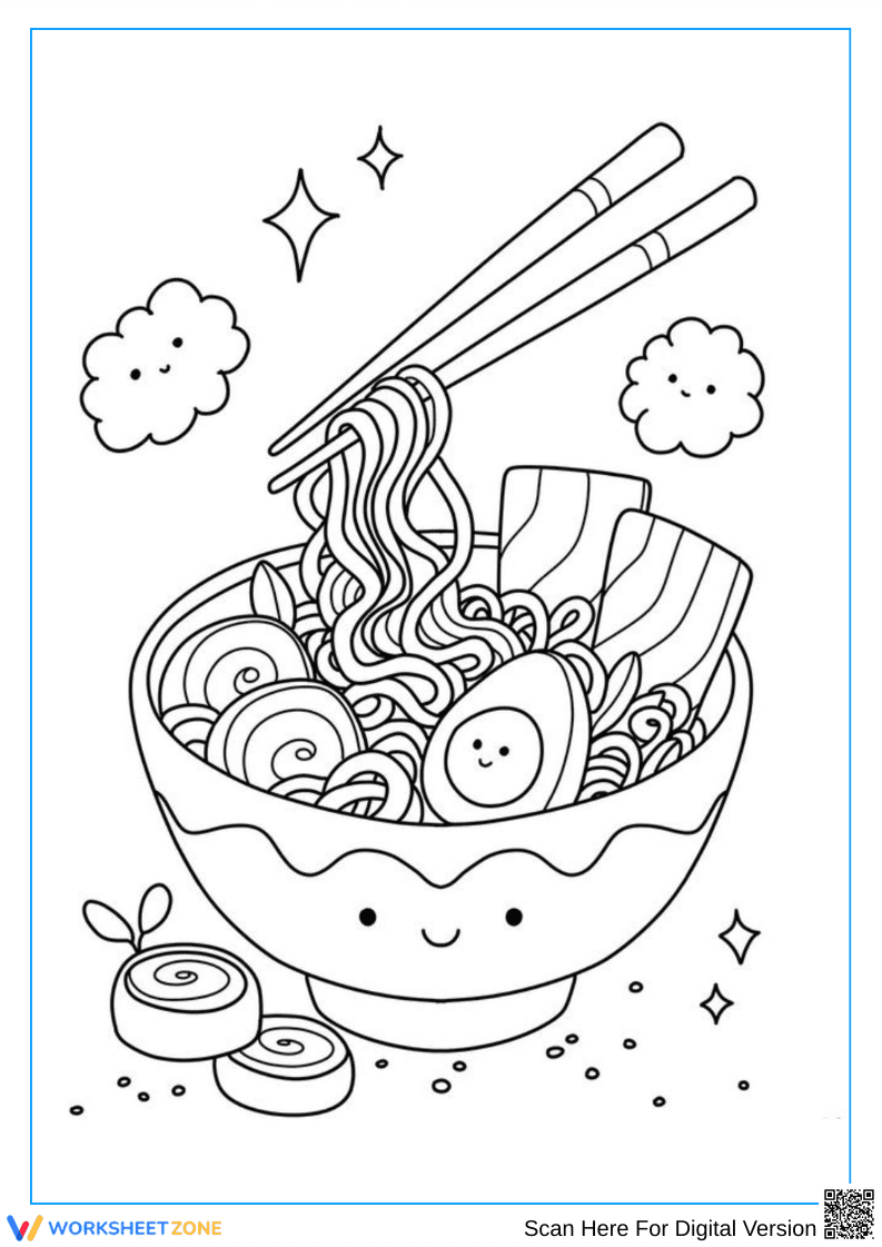 Kawaii Pasta Bowl Coloring Page with Smiling Ingredients - Page 1