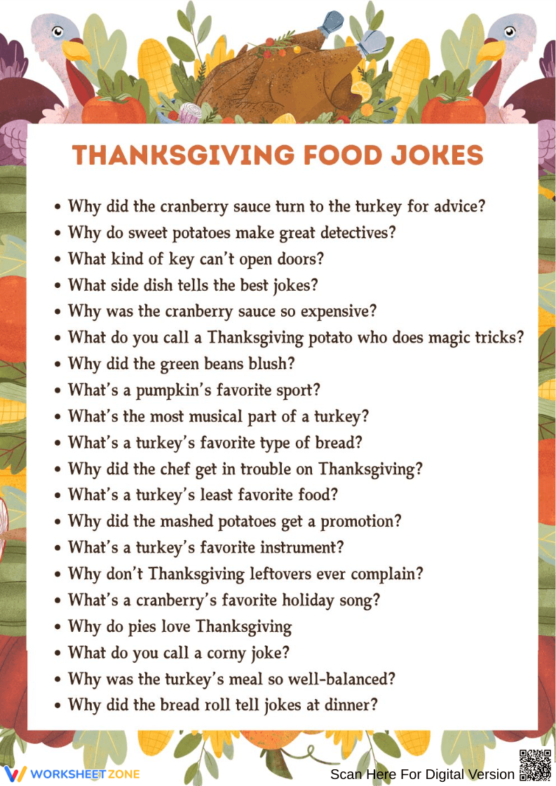 Thanksgiving Food Jokes for Kids – Holiday Humor Printable - Page 1