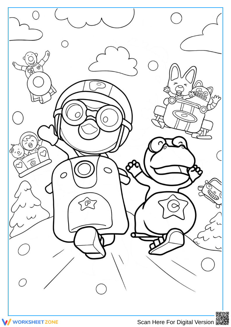 Pororo and Friends Scooter Adventure Coloring Page - Page 1