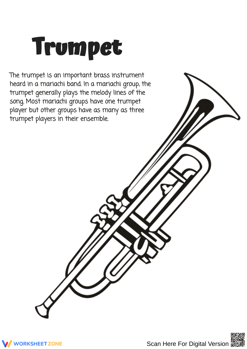 Trumpet Coloring Page with Mariachi Facts - Page 1