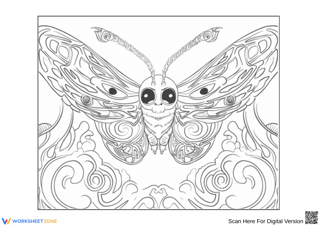 Mystical Mothra Coloring Page with Swirling Clouds - Page 1