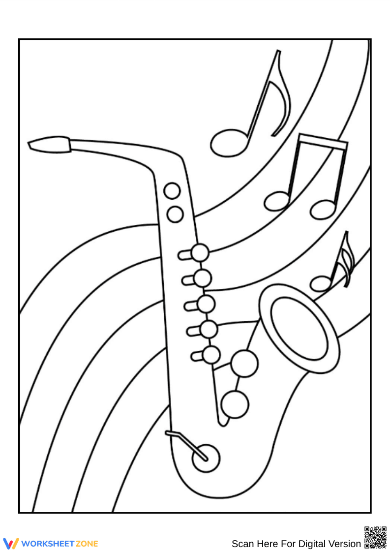 Saxophone Coloring Page with Musical Notes - Page 1