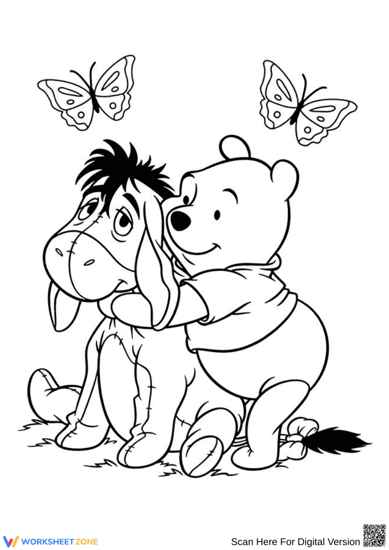 Winnie the Pooh Hugs Eeyore Coloring Page - Page 1
