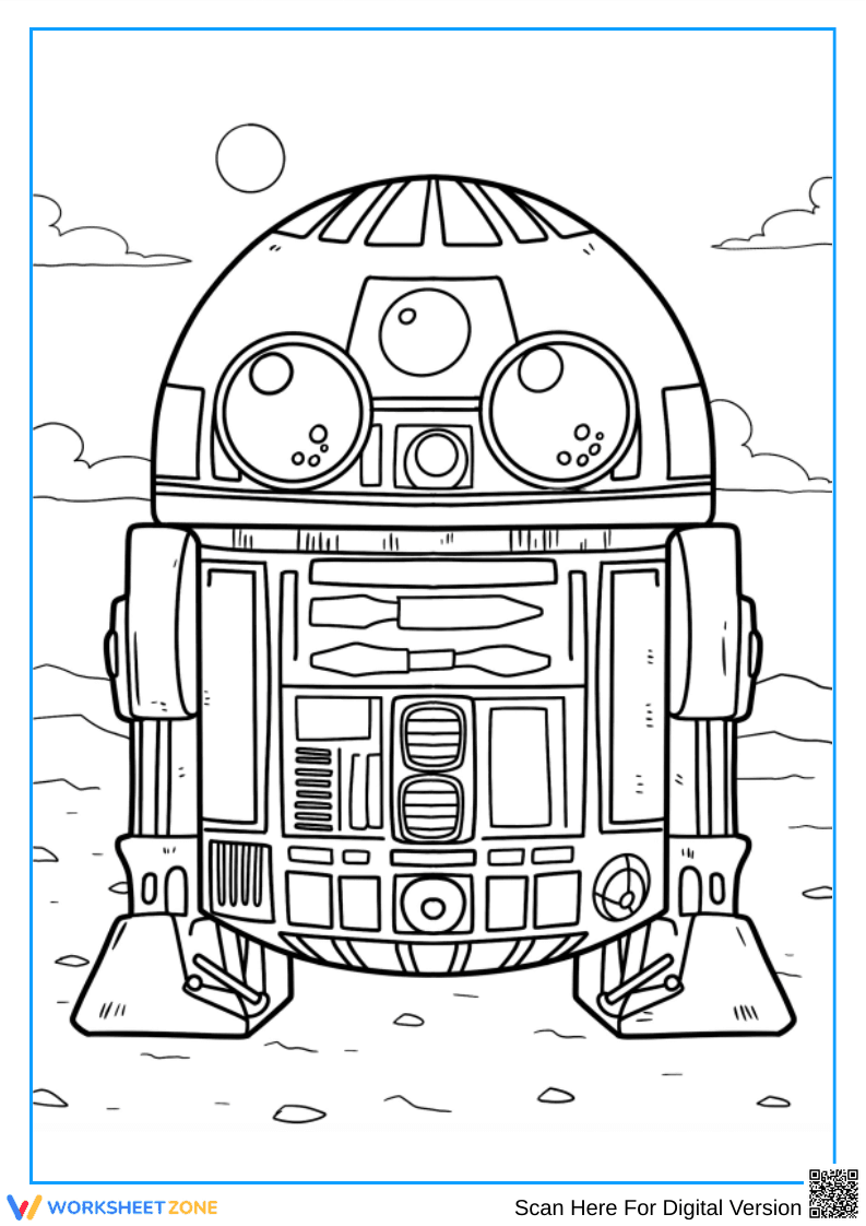 R2-D2 Coloring Page with Desert Background - Page 1
