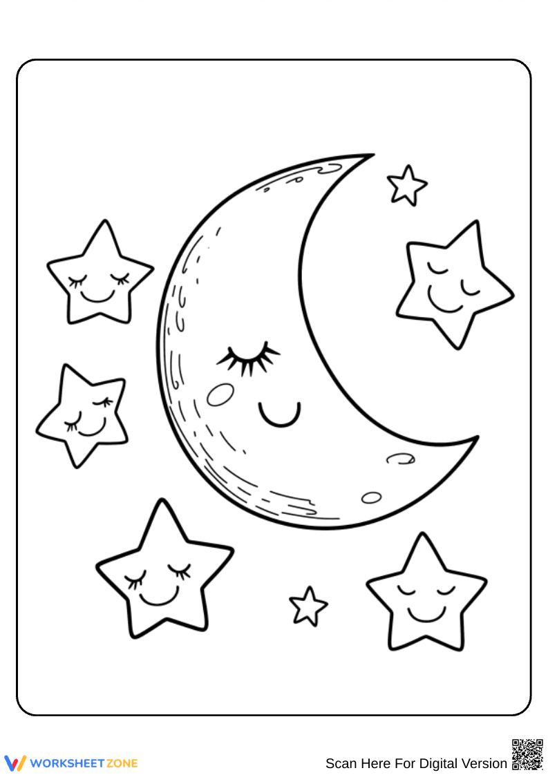 Sleeping Moon and Stars Coloring Page - Page 1