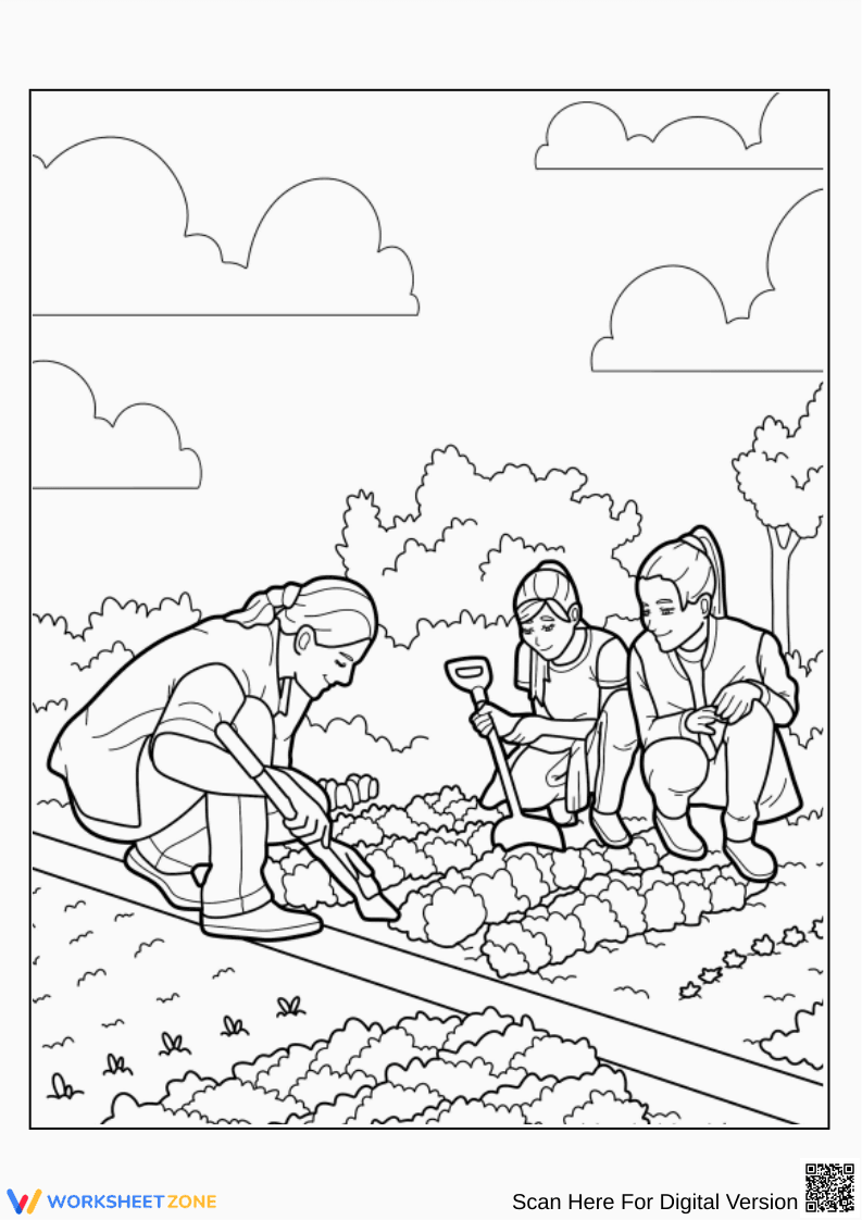 Teamwork in the Garden – Girls Gardening Coloring Page - Page 1