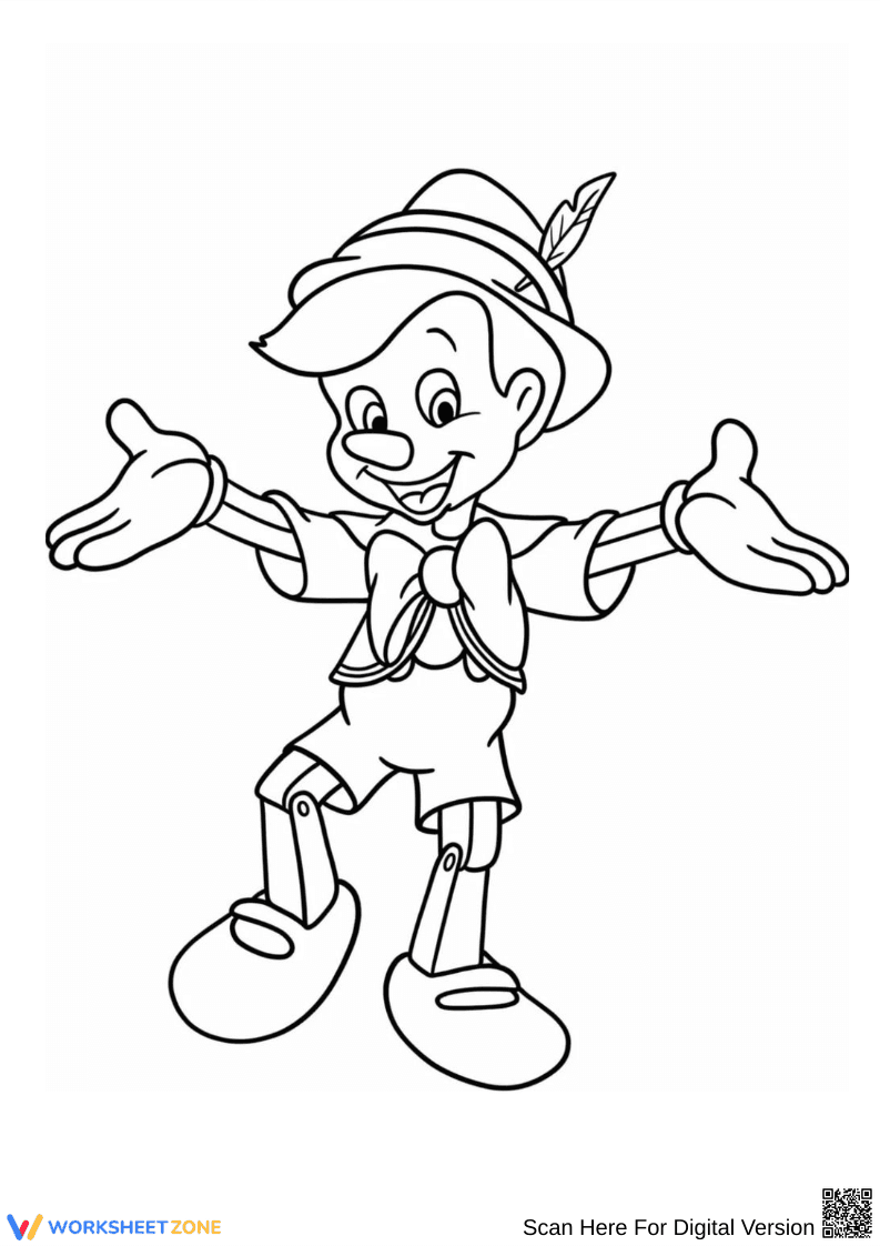 Pinocchio Joyful Pose Coloring Page - Page 1
